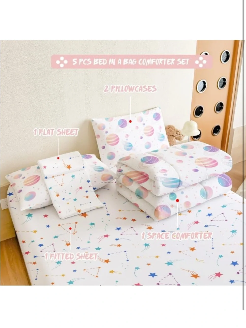 Full Space Bedding Set - 5 Piece Rocket Planet Comforter with Deep-Pocket Sheet